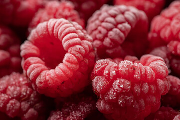 Frozen berries of raspberries, covered with hoarfrost. Close-up
