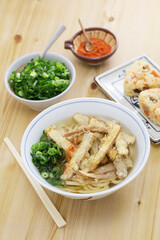 burdock tempura udon noodles soup, japanese fukuoka food