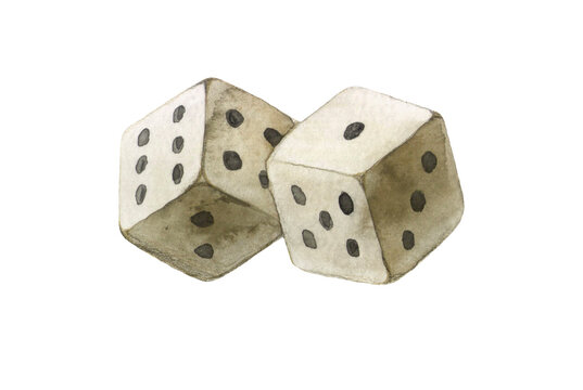 A pair of watercolor dice thrown with the number eleven. Doubles is a game with dice