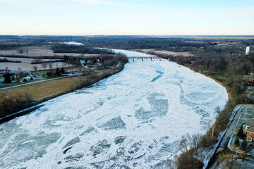 Aerial scene of the Grand River at Cayuga, Ontario, Canada in winter