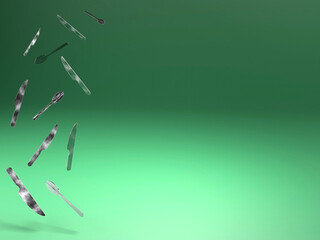 Iron spoons and knives space 3d illustration