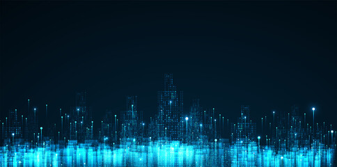 Cityscape on dark blue background with bright glowing neon. Technology city background - obrazy, fototapety, plakaty
