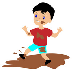 Fototapeta premium The mischievous boy got dirty in the mud.