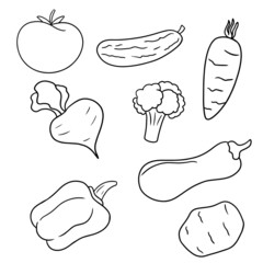 Monochrome illustration. A collection of vegetables , colorful pictures with a black outline, coloring pages