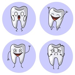 Vector illustration. A set of cute cartoon teeth with different moods, design elements