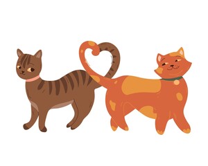 Vector illustration of two cute and pretty cats in love with heart made by crossing tails.  Postcard for happy Valentine day.