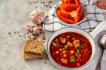 Hungarian goulash soup with paprika, spices and herbs. Traditional cuisine, national dish.