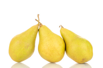 Three sweet juicy pears , macro, isolated on white background.