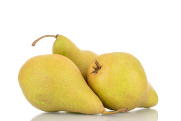 Three sweet juicy pears , macro, isolated on white background.