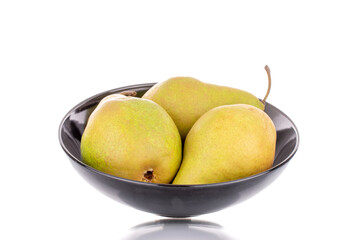 Three sweet juicy pears with ceramic dish , macro, isolated on white background.