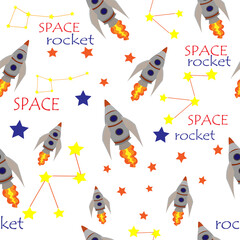 space seamless pattern with two rockets, stars and constellations and the slogan "SPACE, ROCKET". Background of the starry sky with cosmic elements. children's vector, for printing on fabric, diary