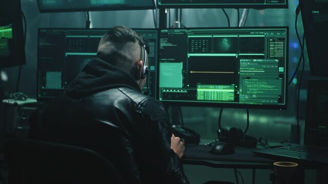 Hacker with headset changing his voice using software and introducing himself as a bank employee, stealing private data and money from credit card from victim by making call from base with computers