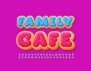 Vector cute advertising Family Cafe. Sweet Alphabet Letters and Numbers set. Blue glazed Font