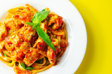 Tagliatelle pasta with chicken breast pieces in a seasoned tomato sauce
