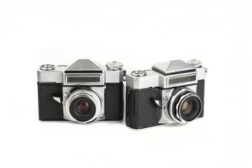 Two Very rare old 35 mm SLR film cameras on white background.