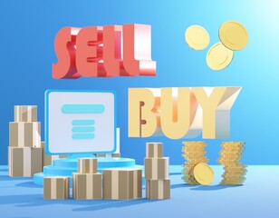 3d render illustration Cryptocurrency trading strategy concept, laptop computer with buy or sell bitcoins online, minimal style.3d rendering.