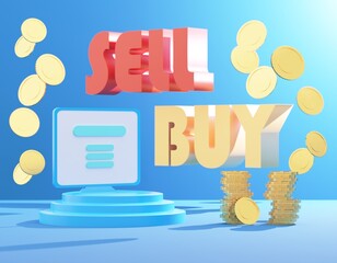 3d render illustration Cryptocurrency trading strategy concept, laptop computer on pedestal with text buy sell, bitcoins online, minimal style. Blue background with bright light