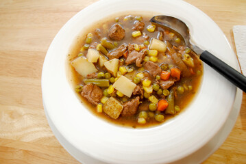 Close-Up of Hearty Beef Stew Served in a White Bowl	