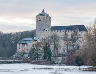 Medieval gothic castle Kost or Bone with tower in spring day,