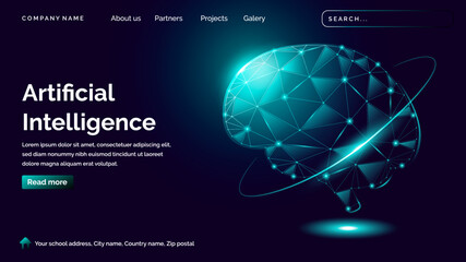 Brain artificial intelligence technology landing page in futuristic hologram style