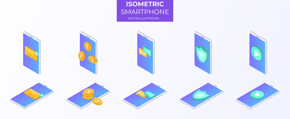 Smartphone Set isometric. E-mail, email marketing, phone sucurity, internet advertising concepts. Money movement, online payment and banking concept. Social media notifications icon.