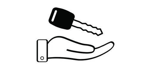 Cartoon open hand giving car keys. Open hand palm icon or logo. Supporting. Valet key symbol. Car insurance icon. Vector Vehicle pictogram. Car rental or sale concept