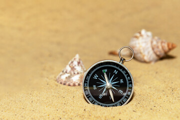 Compass and seashells on the sand at the beach