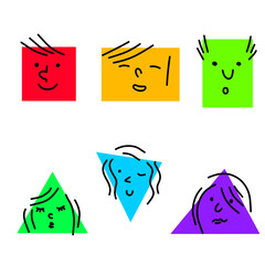 Set of Various bright basic Geometric Figures with face emotions. Different man and woman. Hand drawn trendy Vector illustration for kids. Cute funny square and triangle characters.
