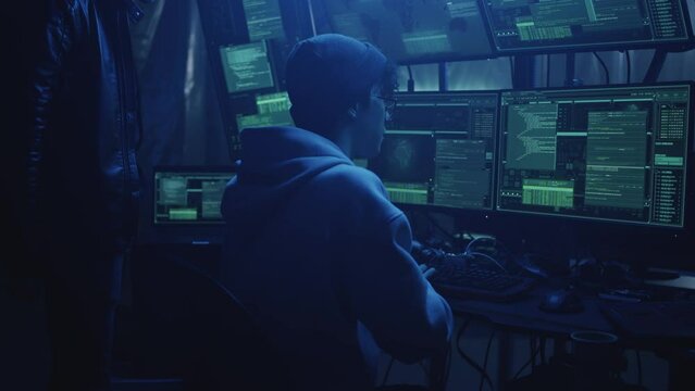 Young cybercriminals hacking documents on modern computer and making cyberattack on government in equipped hacker hideout