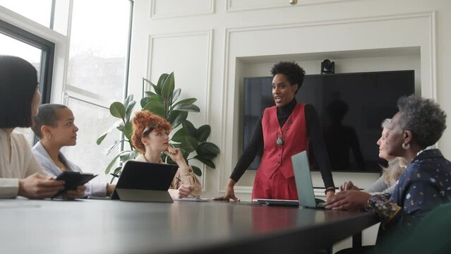 Slow motion of mature black woman holding business meeting with multi ethnic colleagues