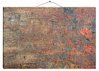 wooden rustic signboard hanging with nail - old blank wood notice board with remains of paint, isolated on white