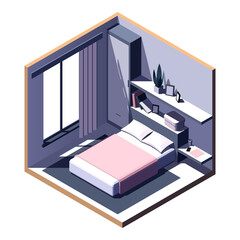 Isometric grey bed room. Pink double bed in the middle. Vector image