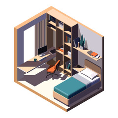 Isometric bed room and work place. Desk with computer in front of the window. Vector image