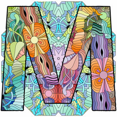 Letter M monogram, engraving design on mandala. Vector illustration.