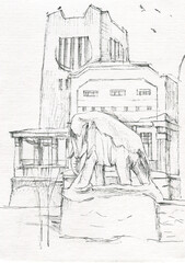 art nouveau tower house with elephant sculpture linear sketch 