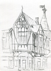 european house with tower linear sketch  - 486758232