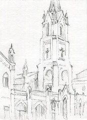 old church with tower linear sketch  - 486758244