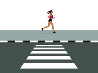 Female character in sportswear running on the sidewalk on a white background