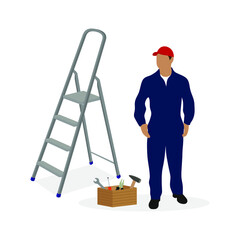 Male character in work uniform with stepladder and tools on white background