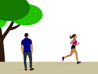 A female character in sportswear is running outdoors in summer, while a male character is looking at it