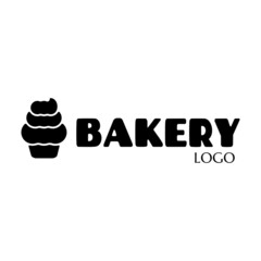 bakery vector text logo sticker with text and cake icon. label with lettering for words BAKERY. label, badge, emblem, signboard. cupcake silhouette for bakehouse. typographic logo design. cake symbol