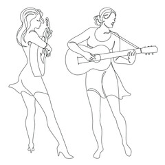 Collection. Silhouette of a beautiful woman with a guitar in a modern continuous line style. Girl guitarist, slender. Aesthetic decor sketches, posters, stickers, logo. set of vector illustrations.