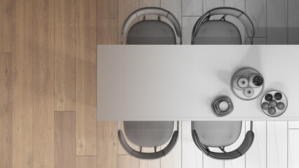 Architect interior designer concept: hand-drawn draft unfinished project that becomes real, breakfast, cookies, cappuccino. Dining table with chairs, top view, plan, above, details