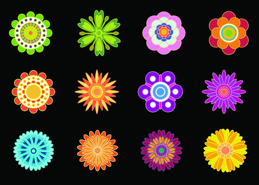 Colorful blooming flowers icons with daisies, gerberas, violets, cornflowers, asters and marigolds on a black background