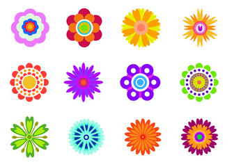 Set of flat flowers icons in silhouette isolated on white. Simple retro illustrations of bright colors for stickers, labels, tags, gift wrapping paper. Colored flowers