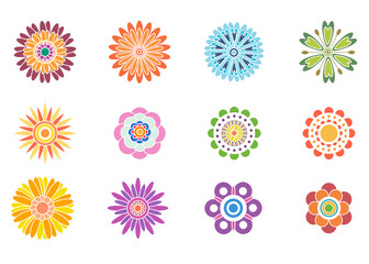 Set of flat spring flower icons in silhouette isolated on white background. Retro illustrations of bright colors for stickers, labels, tags, scrapbooking