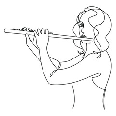 Silhouette of a beautiful woman with a flute in a modern continuous line style. Flute girl, slender. Continuous line drawing, decor aesthetic outline, posters, stickers, logo. Vector illustration. © Nataliia