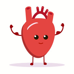 Cute cartoon smiling healthy heart character happy emoji emotion. Funny circulatory organ cardiology. Vector illustration