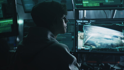 Young male hacker in hat and glasses using computers to hack nuclear warhead and start war while sitting at table in dark room © Framestock