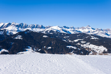 Mont Blanc Massif in Europe, France, Rhone Alpes, Savoie, Alps, in winter on a sunny day.